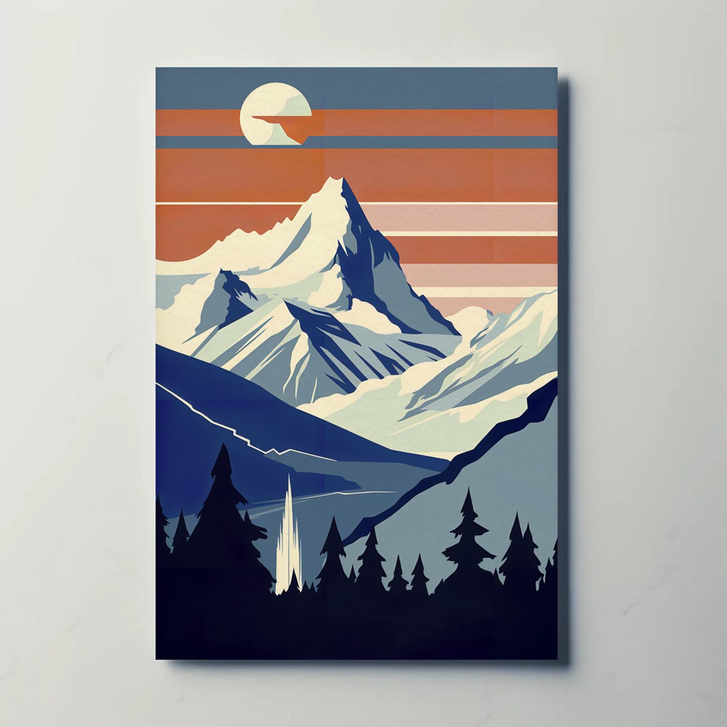 Sunset Snow Mountain View Silhouette Vintage Travel Poster