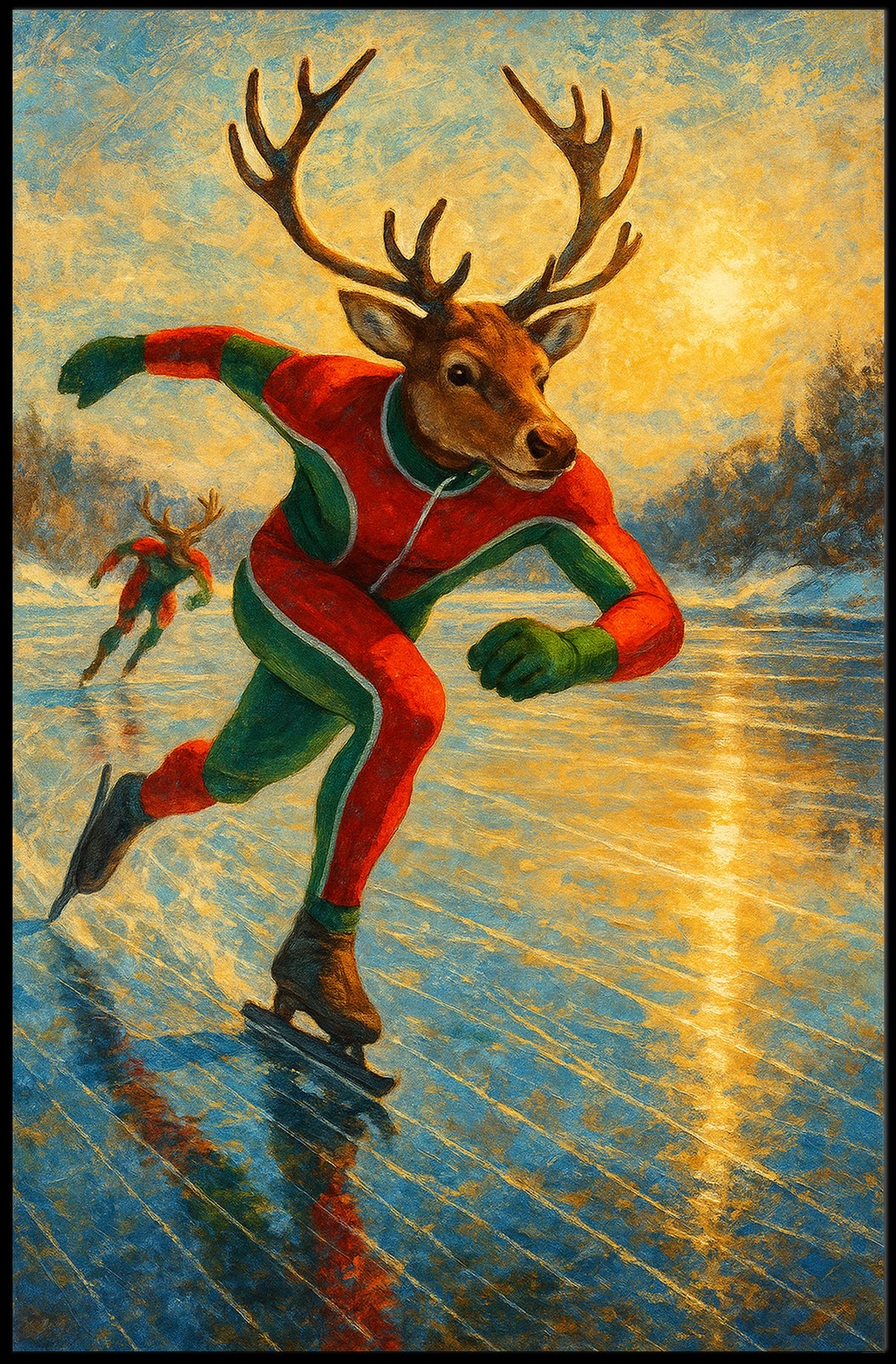 Whimsical Reindeer Skating Winter Wonderland Poster