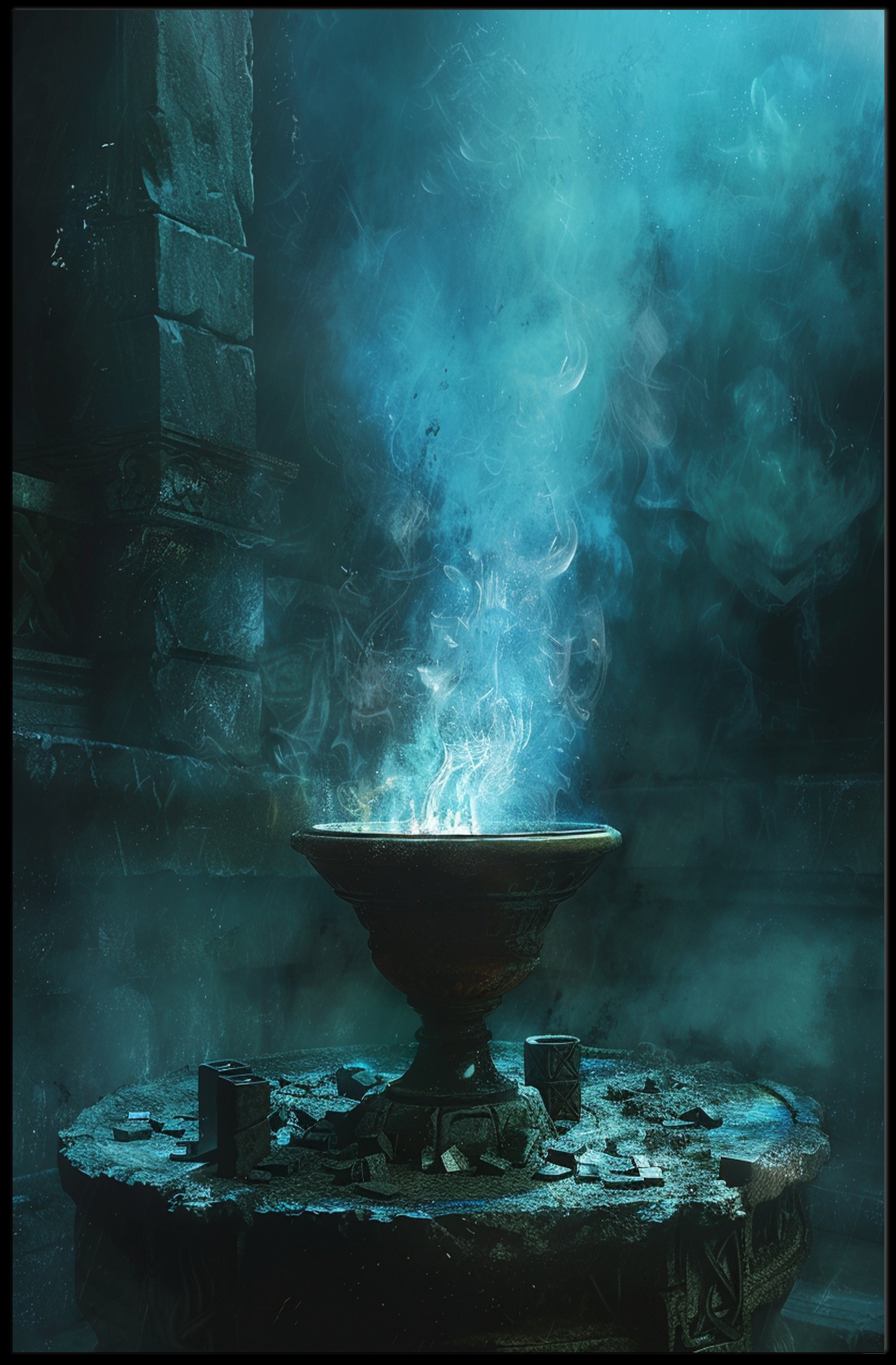Mystical Ancient Temple with Enchanting Blue Flames PosterGoat