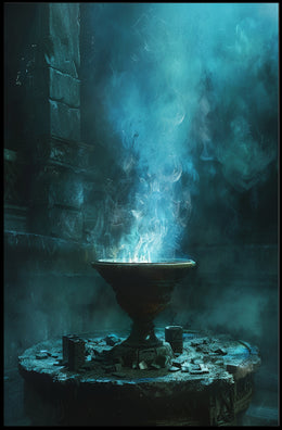 Mystical Ancient Temple with Enchanting Blue Flames PosterGoat