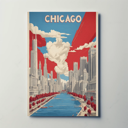 Chicago River Skyline Classic Scene Vintage Travel Poster