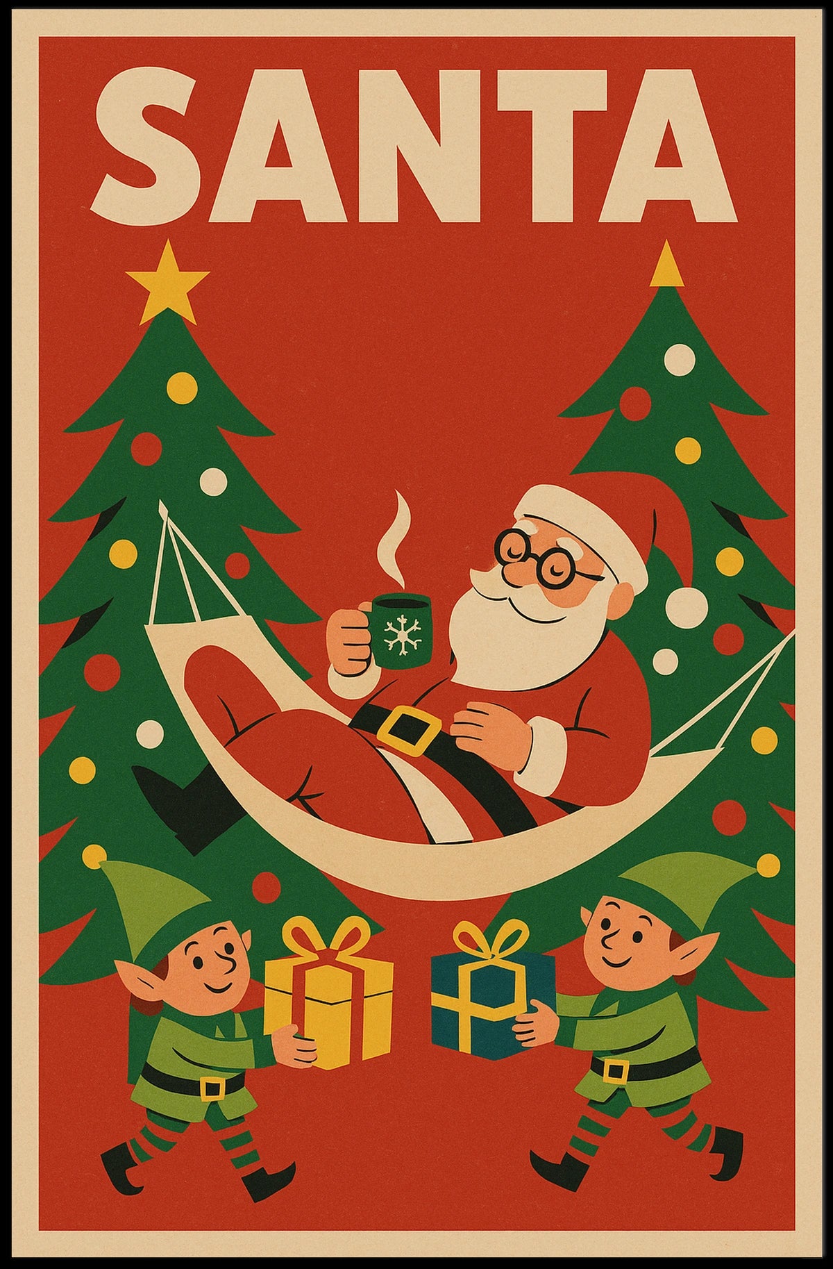 Santa Claus Relaxing in Vintage Christmas Poster