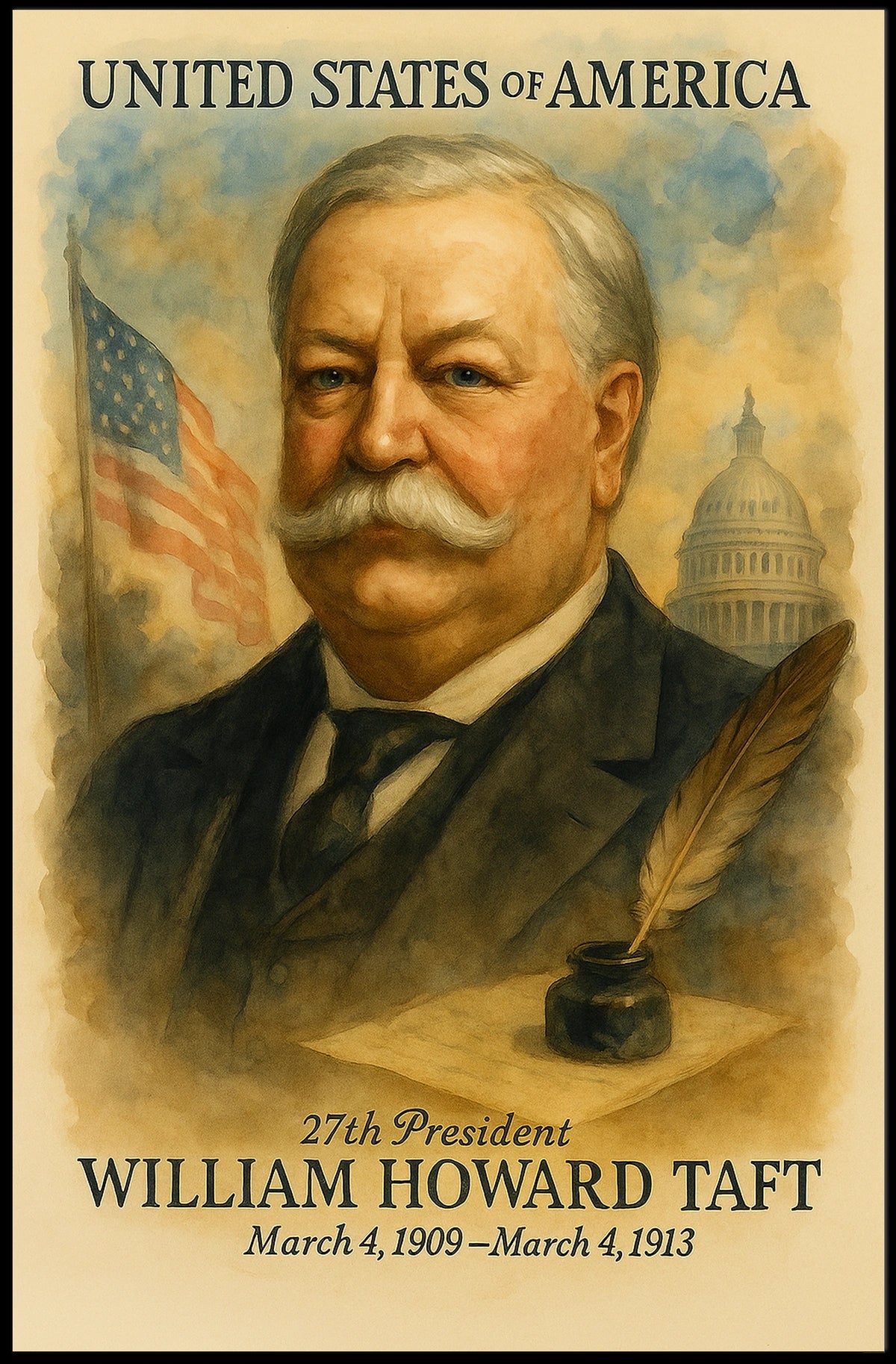 William Howard Taft 27th President of the United States Vintage Watercolor Poster