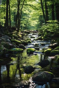 Tranquil Stream Through Lush Temperate Forest National Park Poster