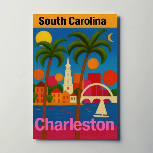 South Carolina Charleston Palms Church Sunset Vintage Travel Poster
