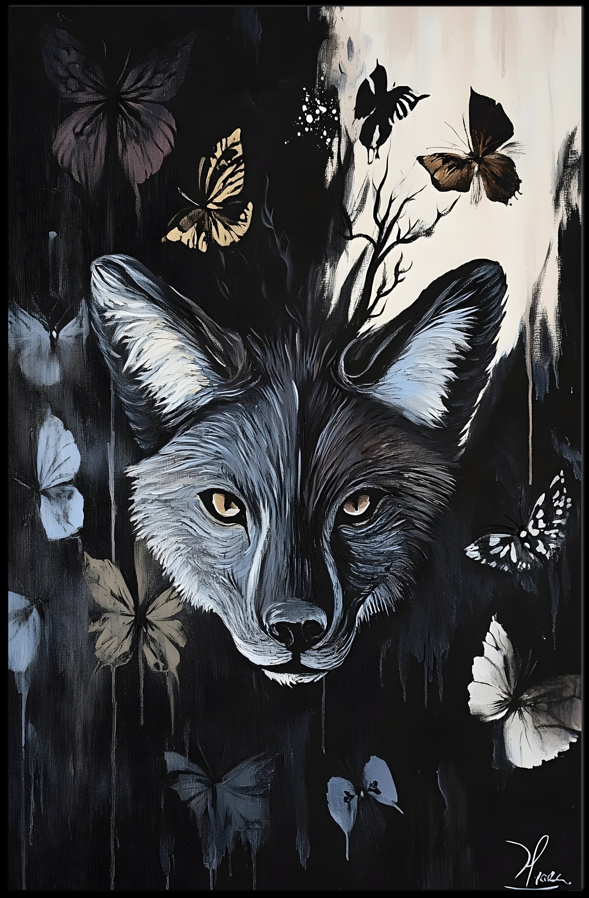 Fox in Nature with Colorful Butterflies Animal Poster PosterGoat