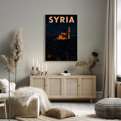 Syria Mosque Cityscape Nighttime Middle East Poster