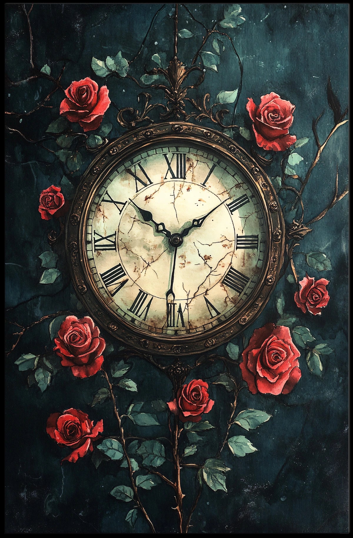 Vintage Clock and Roses Art Print - Artistic Poster
