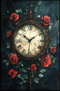 Vintage Clock and Roses Art Print - Artistic Poster
