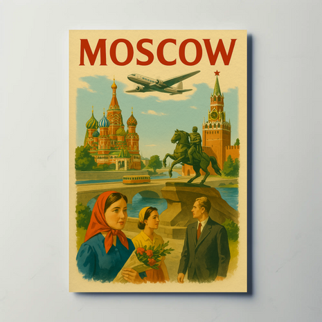 Moscow Retro Travel Art with Iconic Landmarks Travel Poster