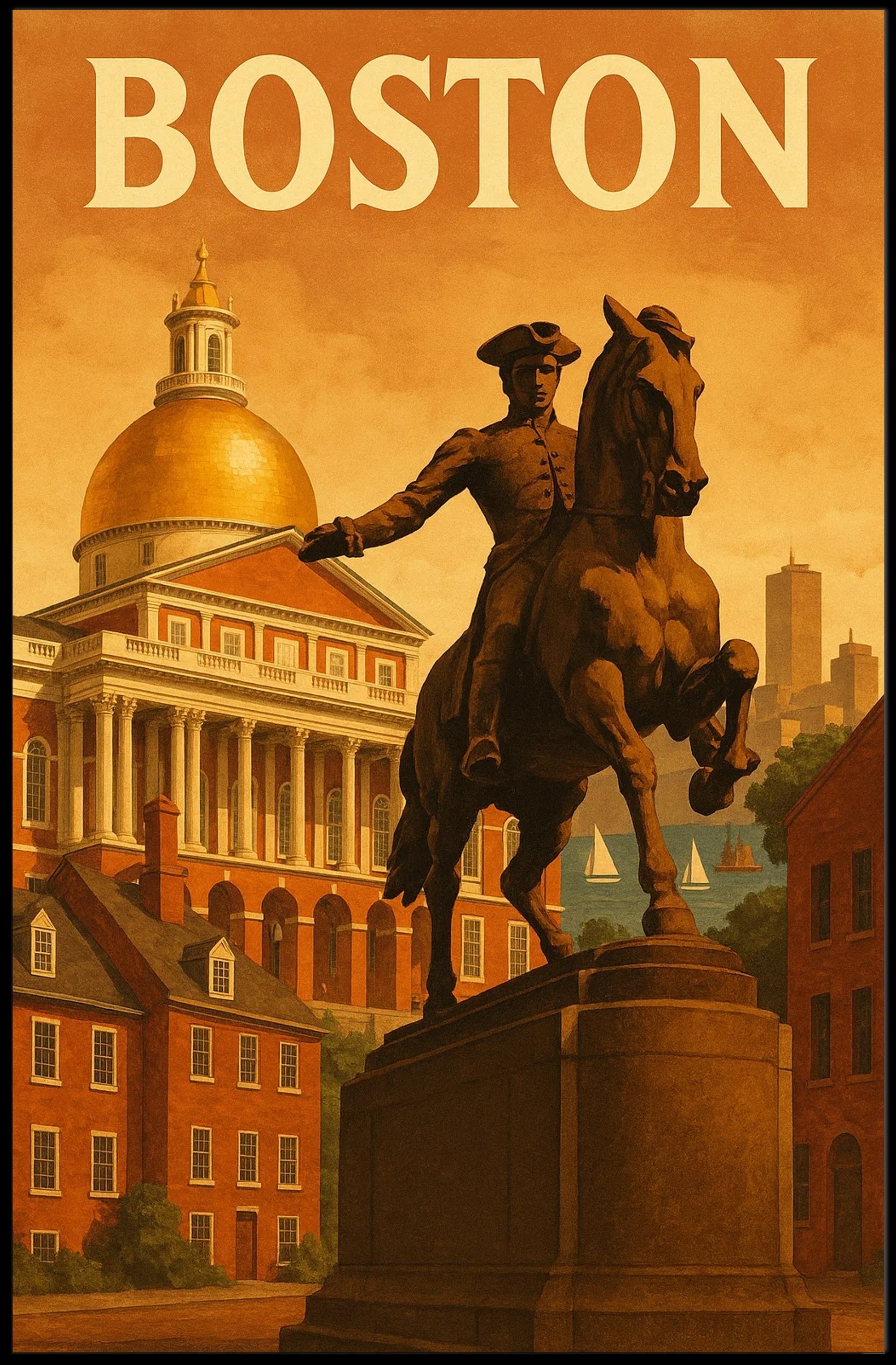 Boston's Grandeur: Equine Statue with State House Travel Poster