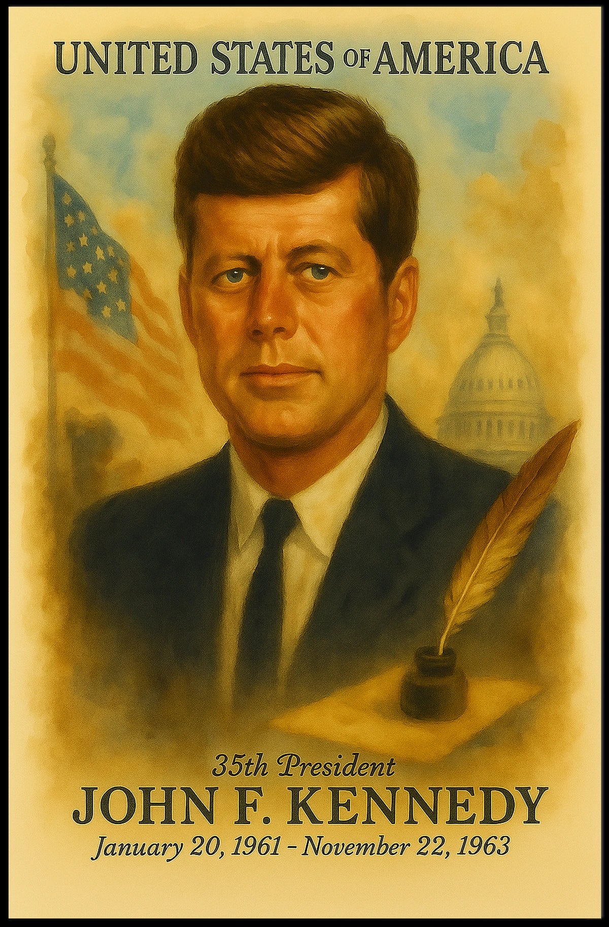 John F. Kennedy 35th President of the United States Vintage Watercolor Poster