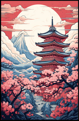 Tranquil Pagoda In Cherry Blossom Poster