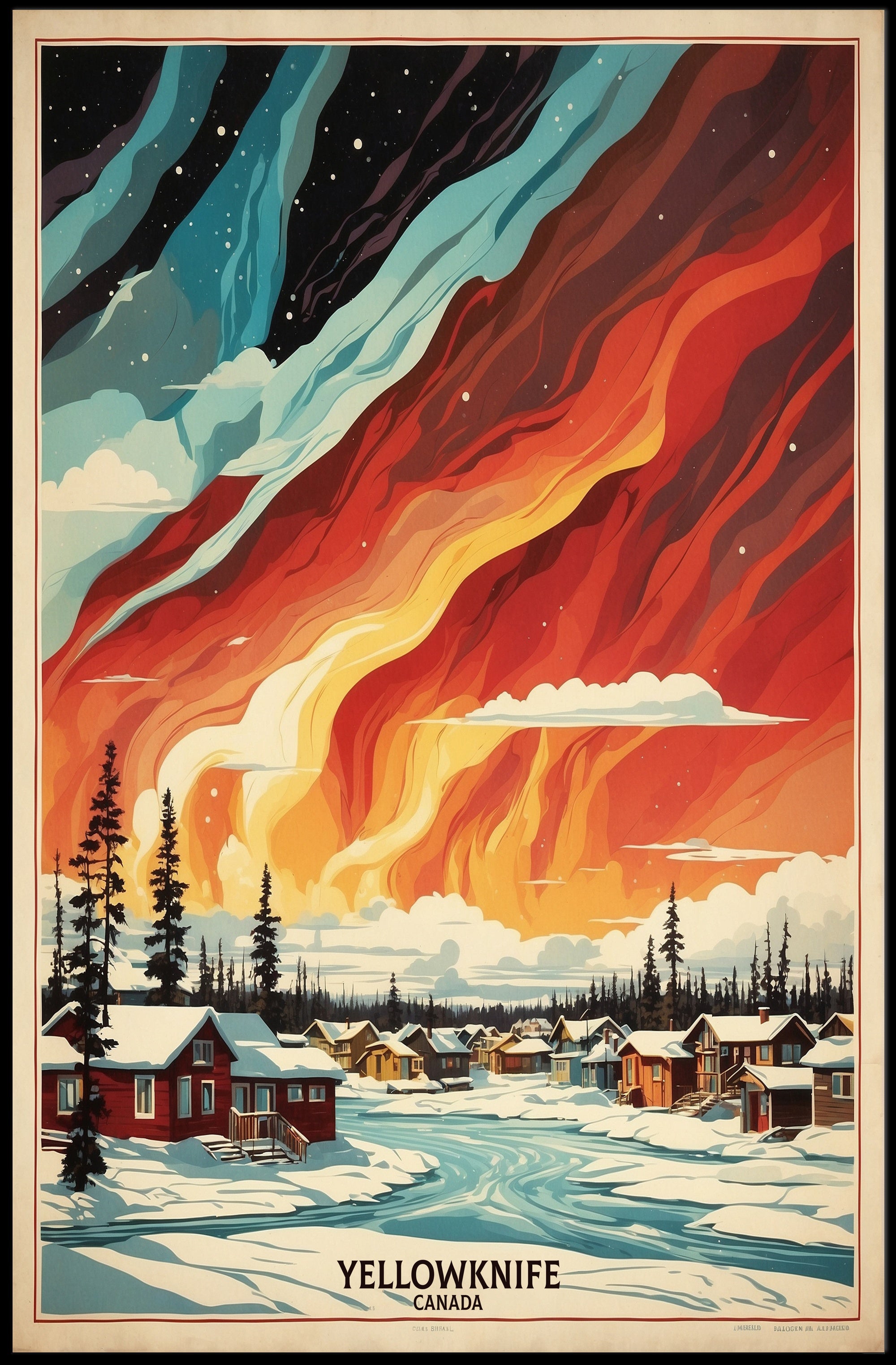 Yellowknife Northern Lights Vintage Travel Poster