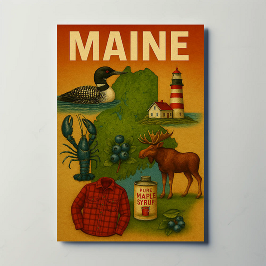 Maine State Symbols Moose Maple Lighthouse Poster