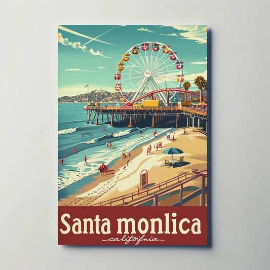 Santa Monica California Ferris Wheel Oceanfront View Travel Poster