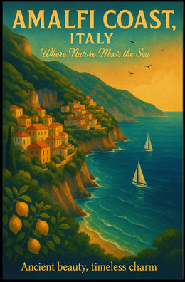 Amalfi Coast Vintage Travel Poster: Serene Seaside Escape