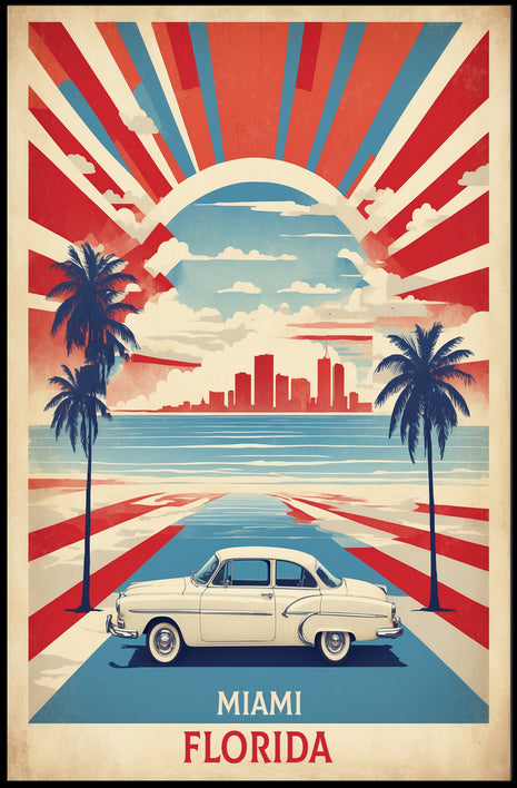 Vintage Car Miami Cityscape with Energetic Travel Poster