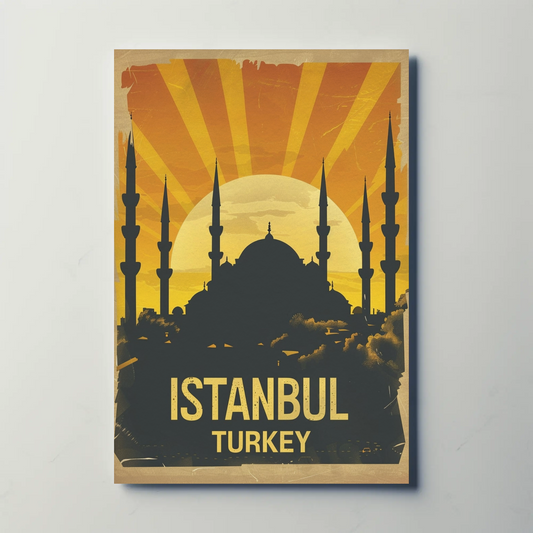 Istanbul Turkey Blue Mosque Skyline Dusk Vintage Travel Poster