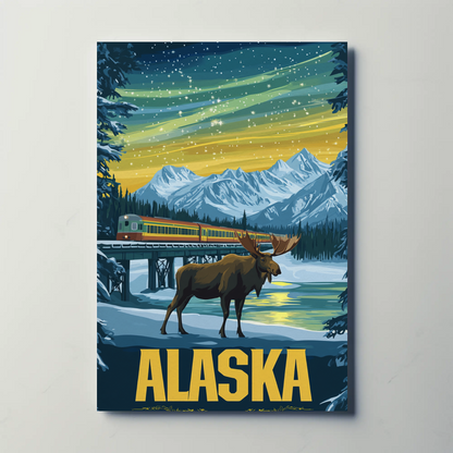 Alaska Vintage Poster - Moose and Northern Lights