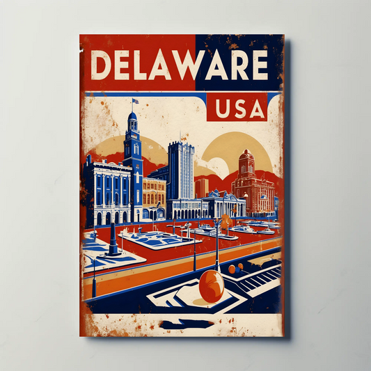 Delaware Waterfront Skyline Retro USA Vintage Maroon Travel Poster