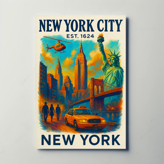 New York City Skyline Taxi Liberty Vintage Travel Poster