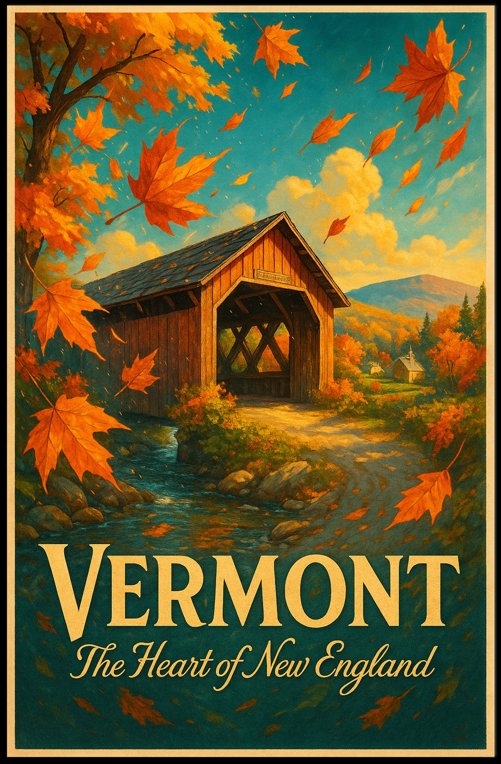 Vermont Autumn Travel Poster Vintage Wall Art
