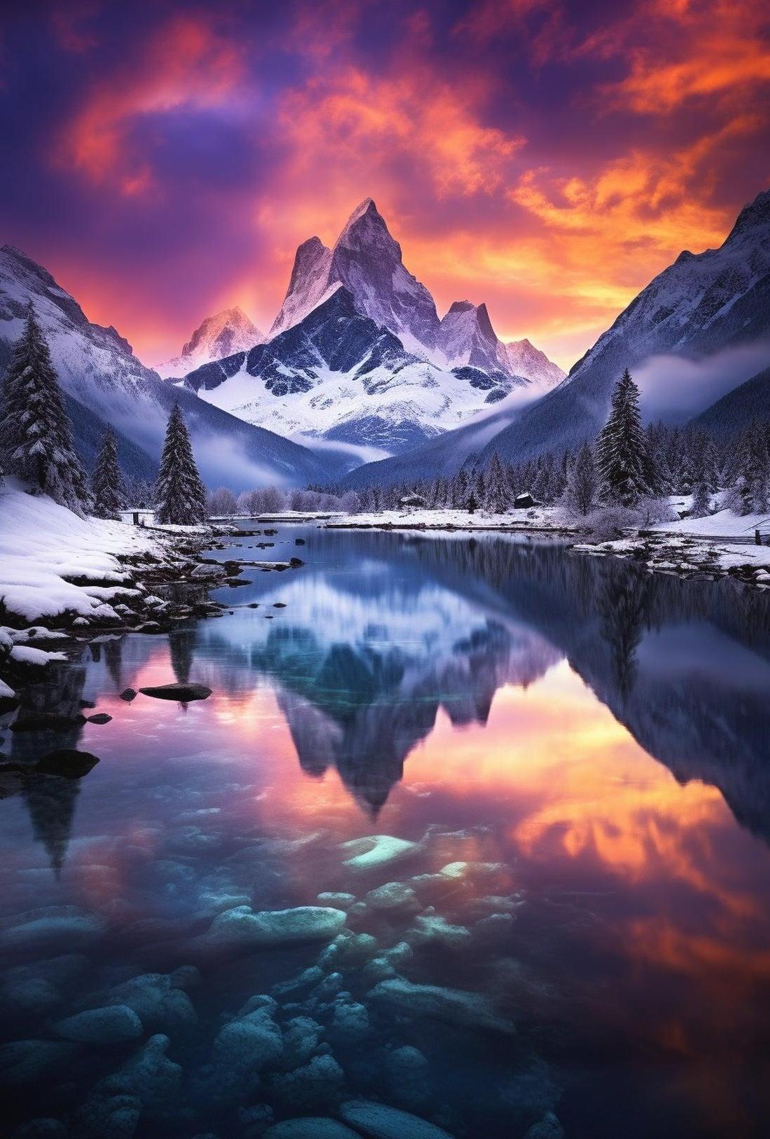 Serene Snowy Mountain Landscape at Sunset - National Park Poster