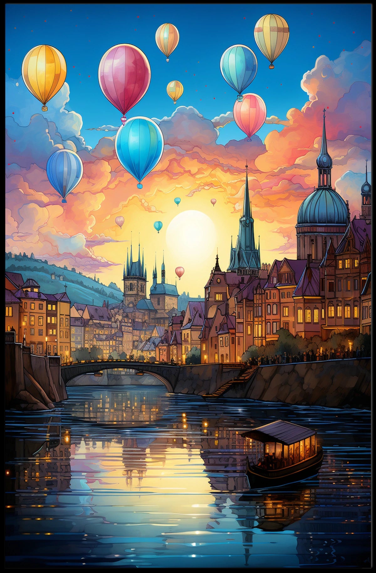 Romantic European Cityscape at Sunset Travel Poster