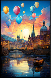 Romantic European Cityscape at Sunset Travel Poster