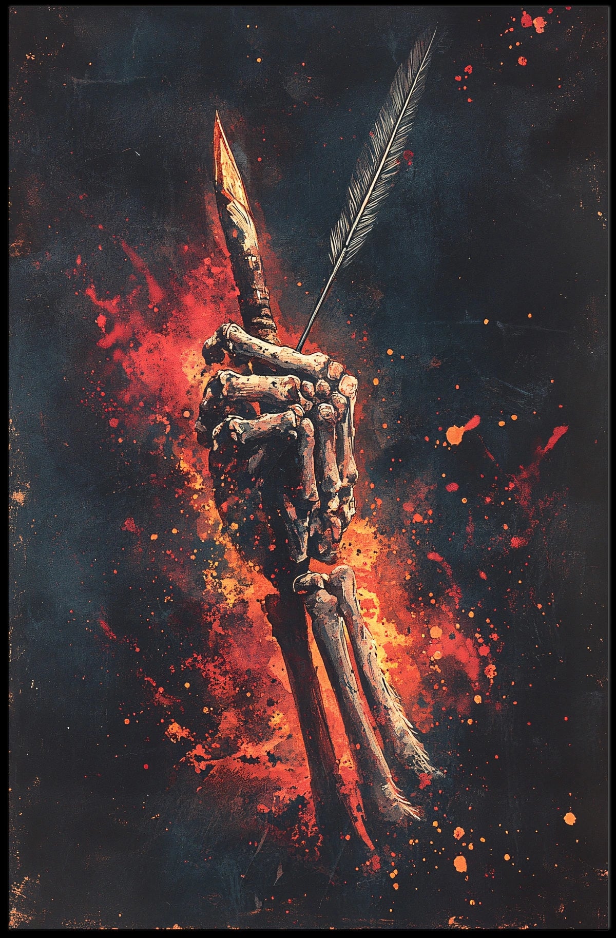 Skeletal Quill Flames Artistic Poster