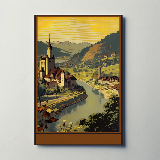 Medieval Castle Over River Valley Scene Travel Poster
