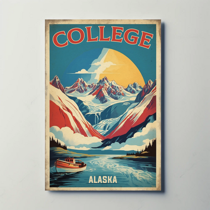 College Alaska Glacier Boat Mountains Sunset Vintage Travel Poster