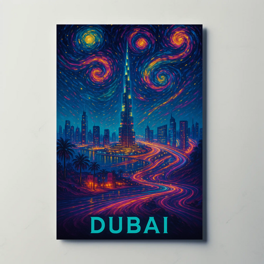 Dubai Burj Khalifa Starry Neon Skyline Night Travel Poster