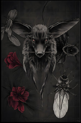 Dark Surreal Fox with Insects Artistic Poster PosterGoat