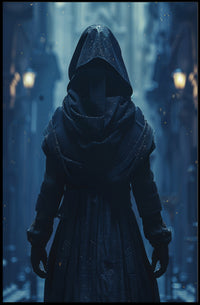 Mysterious Hooded Figure in Fantasy Alleyway Poster PosterGoat