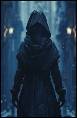 Mysterious Hooded Figure in Fantasy Alleyway Poster PosterGoat