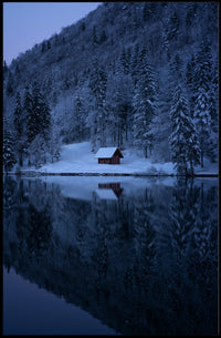Tranquil Winter Scene with Snowy Cabin National Park Poster