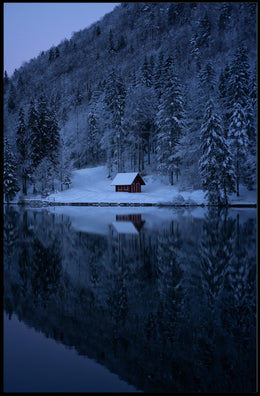 Tranquil Winter Scene with Snowy Cabin National Park Poster