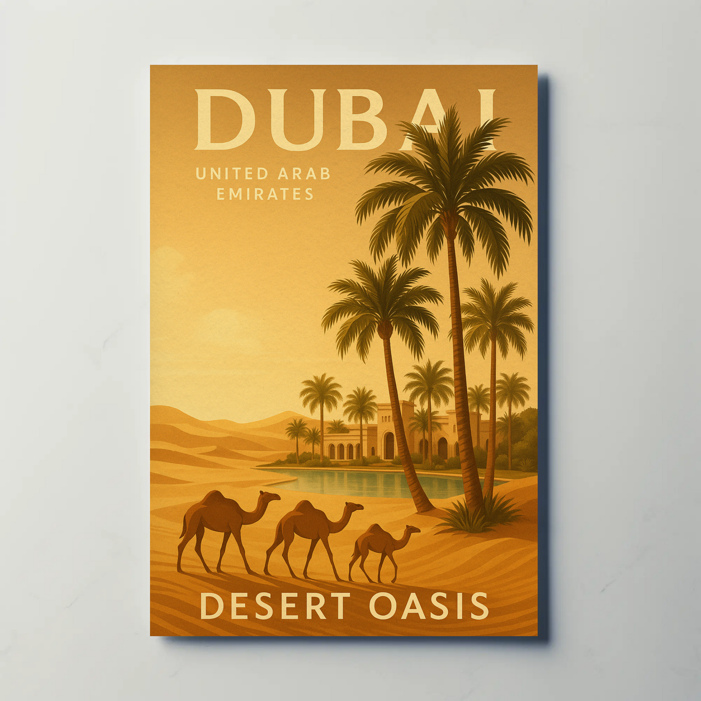 Dubai Desert Oasis Camels Palms Sunset Poster