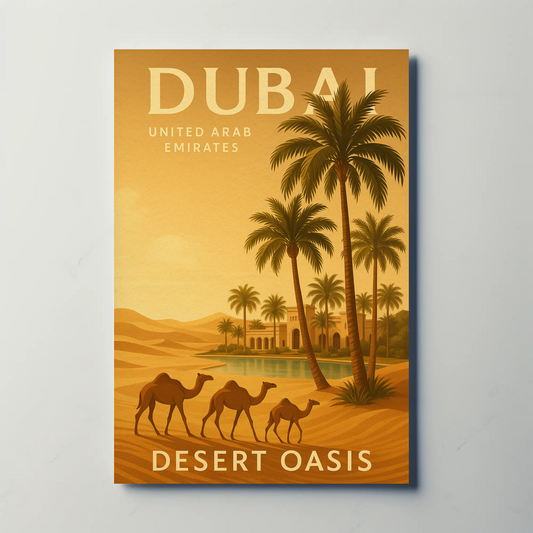 Dubai Desert Oasis Camels Palms Sunset Poster