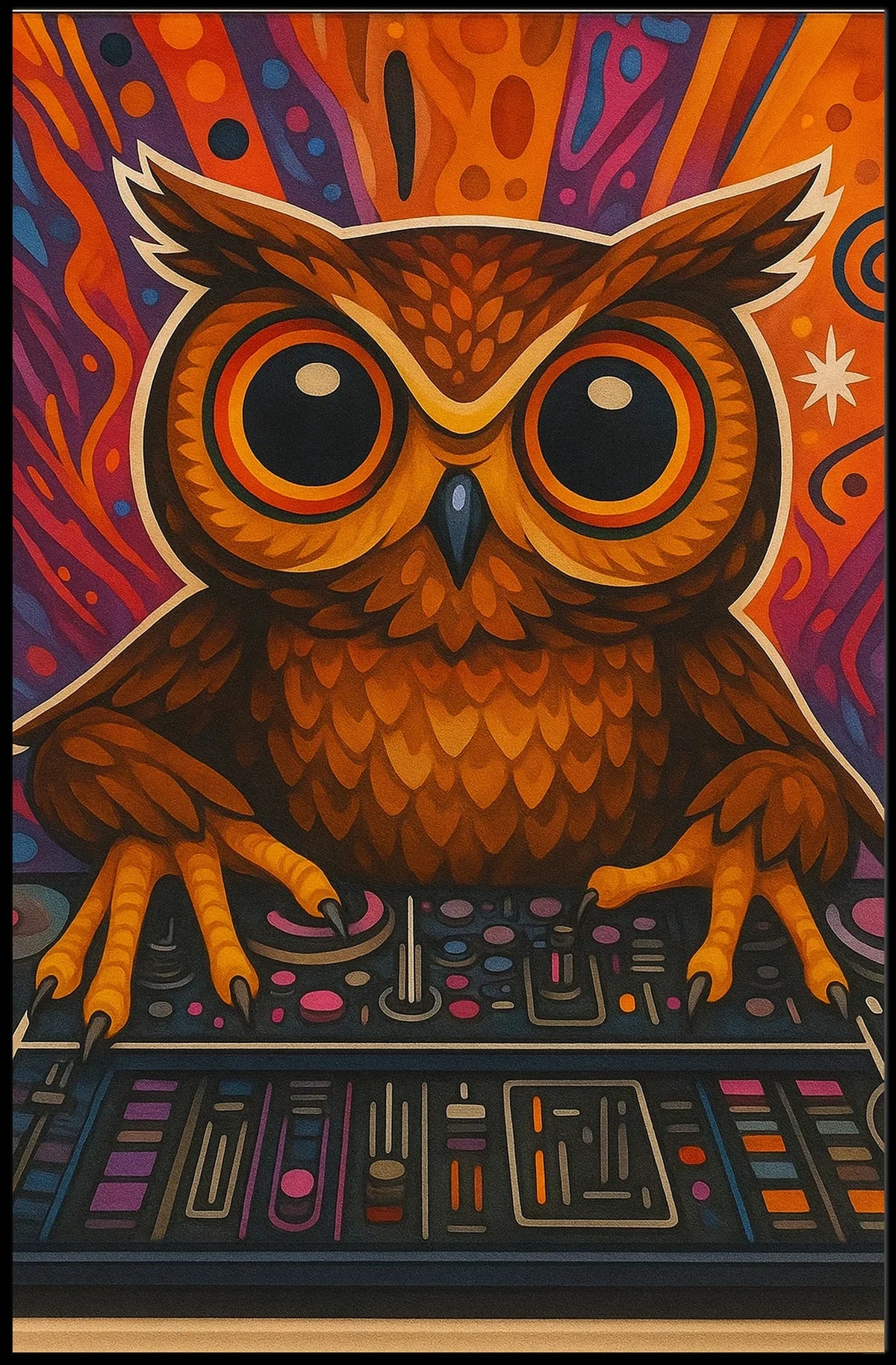 Stylized Owl DJing at Console Abstract Pop Culture Poster