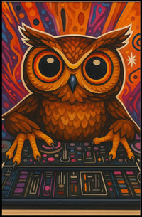 Stylized Owl DJing at Console Abstract Pop Culture Poster
