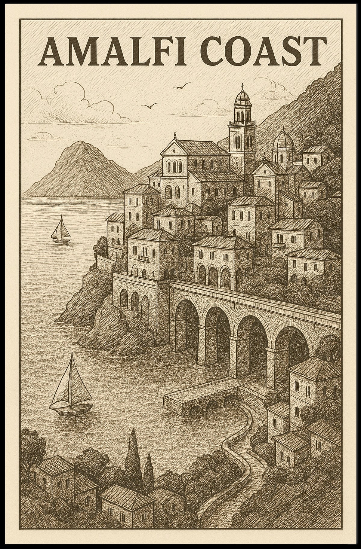 Amalfi Coast Illustration Poster Wall Art 18x24 Print