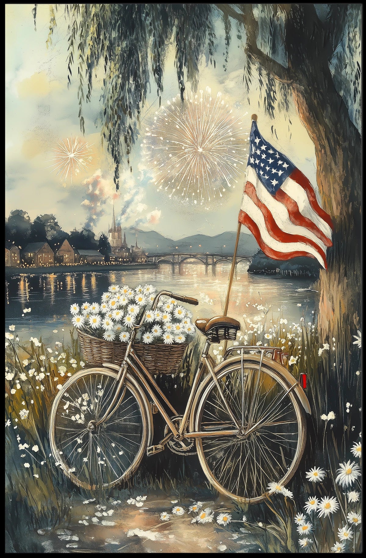 Vintage Sunset Bicycle Leaning Under A Willow Tree Poster