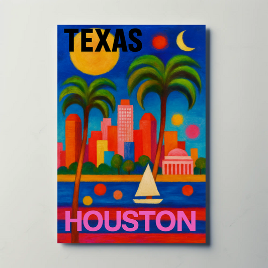 Texas Houston Palm Trees Sailing Skyline Vintage Travel Poster