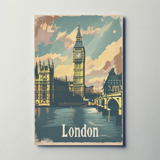 London Big Ben Vintage Clouds River Scene Travel Poster