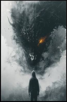 Dragon Confrontation: Dark Fantasy Art Poster PosterGoat