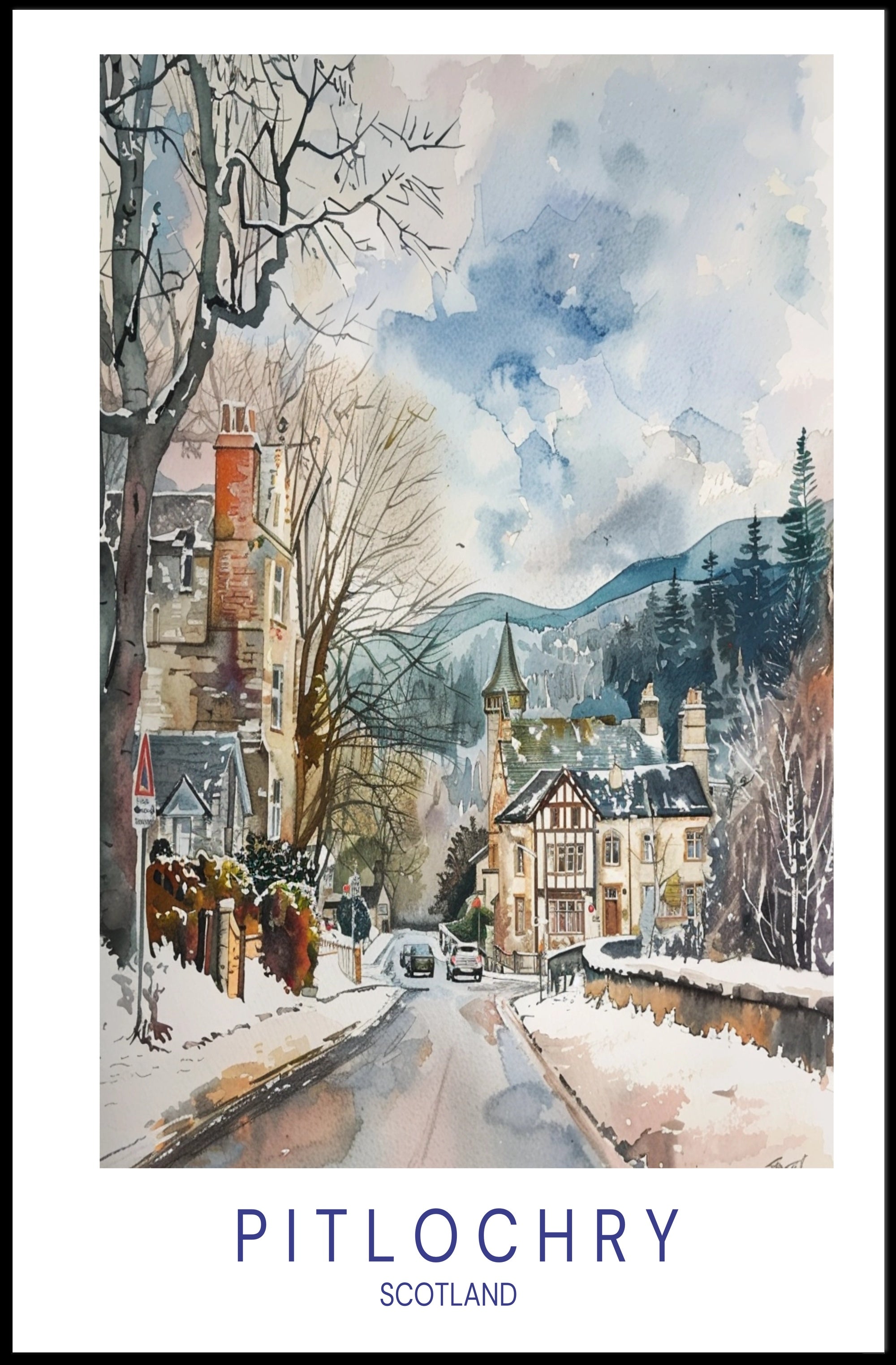 Pitlochry Winter Wonderland: Scenic Travel Poster PosterGoat