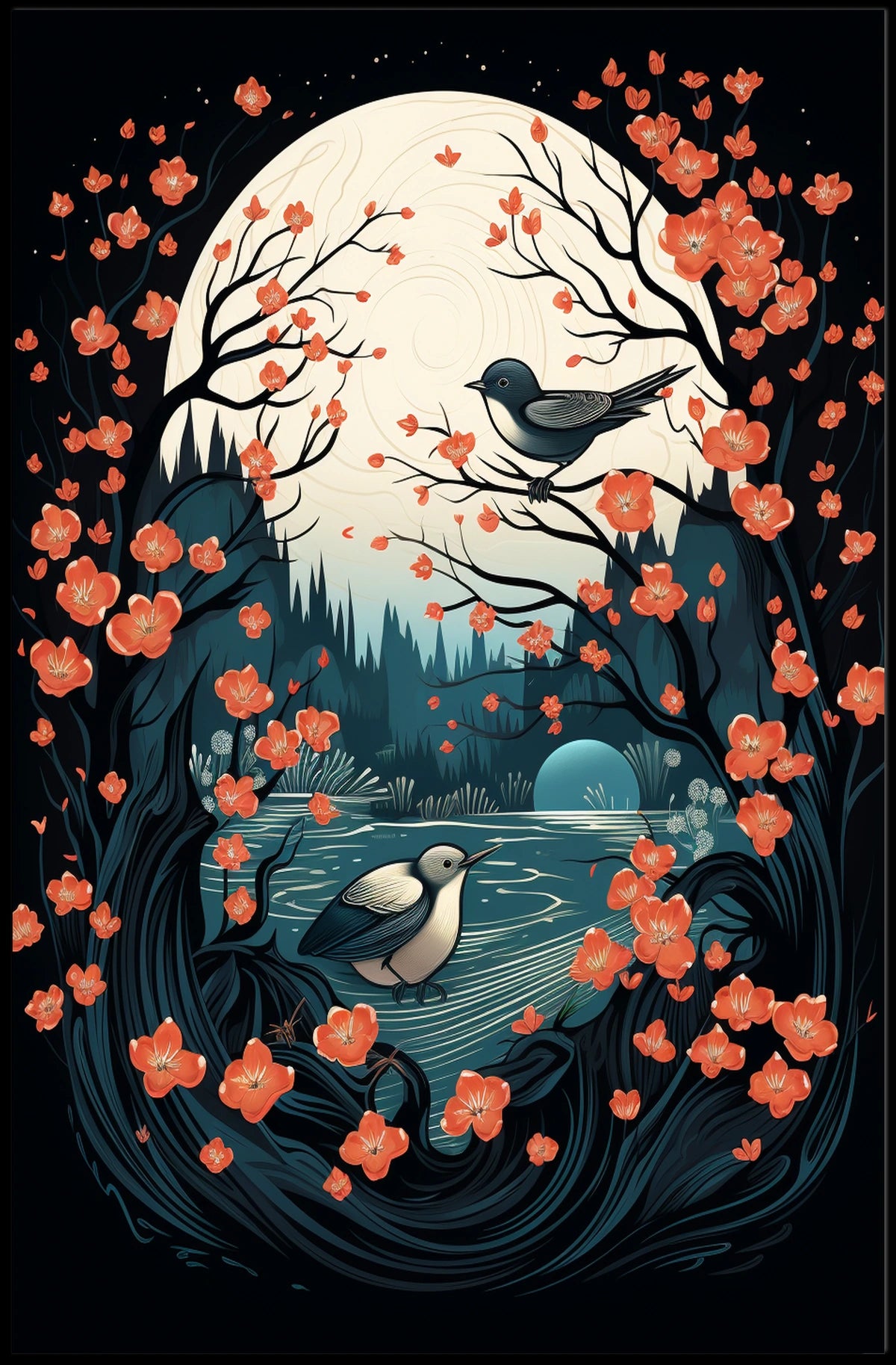 Serene Moonlit Birds Nature Art Poster